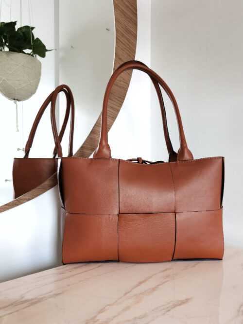 Skórzana torba shopper przeplatana brązowa - obrazek 6